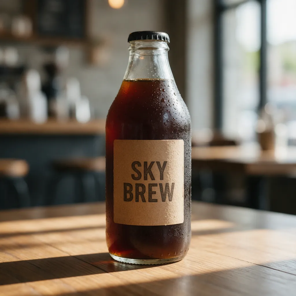 Seedream 5.0 Proが生成した商品画像:日の当たる木のテーブルに置かれたSKY BREWのコールドブリューの瓶、カフェの背景